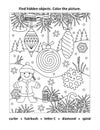 Hidden objects, or seek and find, picture puzzle and coloring page activity sheet with happy cheerful gingerbread girl or snow mai