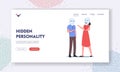Hidden Personality Landing Page Template. Characters Hiding Face under Mask Hiding Real Emotions. Feigned Feelings