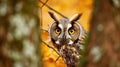 Hidden portrait of Long-eared Owl with big orange eyes behind larch tree trunk. Generative AI