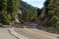 Hidden road in the mountains of arizona in the wild west with yellow and white lines on asphalt with trees and blue sky