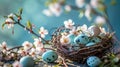 A Hidden Surprise, A Whimsical Birds Nest Overflowing With Enchanting Blue and White Eggs