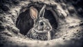Hidden in the Undergrowth A DocumentaryStyle Black and White Image of a Wild Rabbit in Its Burrow Capturing Royalty Free Stock Photo