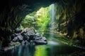 a hidden waterfall inside a cave Royalty Free Stock Photo