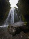 Hidden waterfall near famous Seljalandfoss waterfall so called Gljufrabui