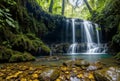 A hidden waterfall nestled deep within a dense jungle, its cascading waters surrounded by a symphony of chirping birds