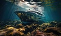 In a hidden world beneath the surface, an underwater yacht floats in serene tranquility