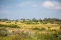 Hiddensee heath landscape with blue cottage Royalty Free Stock Photo