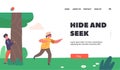 Hide and Seek Landing Page Template. Little Boy with Blindfold Trying to Catch Friend Hiding behind of Tree in Park