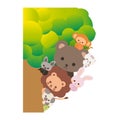 Cute cartoon animals hiding behind the tree. Playing hide and seek