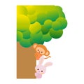 Cute cartoon Monkey and Rabbit hiding behind the tree. Playing hide and seek