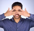 Hiding, funny and portrait of an Asian man with a hand isolated on a studio background. Comic, crazy and Japanese person Royalty Free Stock Photo