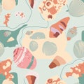 Hand drawn vector ocean set trendy seamless pattern with corals and different seashells in minimalistic pastel colors.