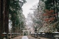 Hie Shrine and forest with winter snow in Takayama, Gifu, Japan