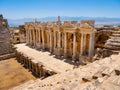 Hierapolis, Pamukkale, Turkey. Ancient amphitheater. Panoramic landscape in the daytime.