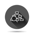 Hierarchy diagram icon in flat style. Structure search vector illustration on black round background with long shadow effect.