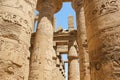 Hieroglyphs and ancient symbols on the columns of the Temple of Karnak, row of pillars in perspective