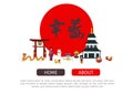 Hieroglyth in red circle with japanese symbols vector web page. Japanese young woman in fashion kimono, pagoda, cat and Royalty Free Stock Photo