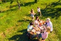 High above angle view big full family having picnic on weekend children playing running around on grass Royalty Free Stock Photo