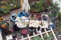 High above angle view family having meal in garden sunny summer day Royalty Free Stock Photo