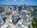 High above looking down on aerial drone view of Construction crane building new skyscrapers in Austin Texas Royalty Free Stock Photo