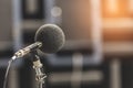 High accuracy microphone in noise sound testing room with LED light bokeh. High technology. Microphone for noise recorder. Royalty Free Stock Photo