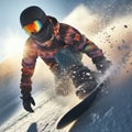 high action close up image of a person snowboarding