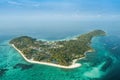 High aerial overview of entire tropical Lipe Island and Andaman