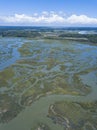 High aerial shot of islands and tidal estuary in South Carolina low country