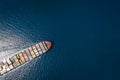 High aerial top down view of a large container cargo ship