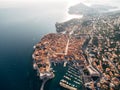 High aerial view from a drone on the coast of Dubrovnik and the old town in Croatia. Royalty Free Stock Photo
