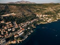 High aerial view from a drone on the coast of Dubrovnik and the old town in Croatia. Royalty Free Stock Photo