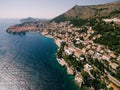 High aerial view from a drone on the coast of Dubrovnik and the old town in Croatia. Royalty Free Stock Photo