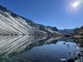 High alpine lake Lai da la Scotta (Schottensee or Schotten Lake) on the Swiss mountain road pass Fluela