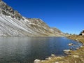 High alpine lake Lai da la Scotta (Schottensee or Schotten Lake) on the Swiss mountain road pass Fluela