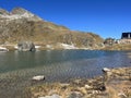 High alpine lakes next to the mountain hut (Chamanna da Grialetsch CAS) in the massif of the Albula Alps