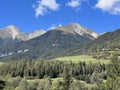 High alpine peaks Piz Linard (2767 m), Lenzerhorn (2906 m) and Piz Mulain (2627 m) Royalty Free Stock Photo