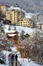 High Alpine resort town St. Moritz during snowfall. Canton of Graubuenden, Switzerland Royalty Free Stock Photo