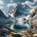 A high-altitude alpine lake, nestled between snow-capped peaks. Landscape background, Generative Ai