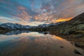 High altitude alpine lake, reflections at sunset Royalty Free Stock Photo