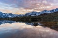 High altitude alpine lake, reflections at sunset Royalty Free Stock Photo