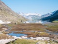 High altitude alpine landscape with majestic rocky mountain peaks. Aerial panorama at sunrise. Alps, Andes, Himalaya concept