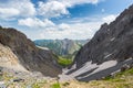 High altitude blue lake in idyllic uncontaminated environment once covered by glaciers. Summer adventures and exploration on the I Royalty Free Stock Photo