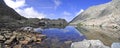 High altitude clear alpine lakes in the Rocky Mountains, as viewed from a mountain summit above. Royalty Free Stock Photo