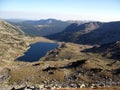 High altitude glacier lake between ridges Royalty Free Stock Photo