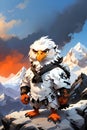 High-altitude Helpers Anthropomorphic White Eagles in Himalayan Workwear Perched atop Majestic Peak