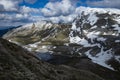 High-altitude lake among snowy mountains in the cloudy afternoon