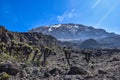 a high altitude mountain with cactus plants on the foreground and snow capped mountains in Royalty Free Stock Photo