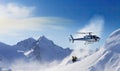 High altitude view of helicopter and freeriders leaving the ski area