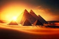 high ancient egyptian pyramids in rays of setting sun