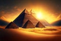 high ancient egyptian pyramids in rays of setting sun